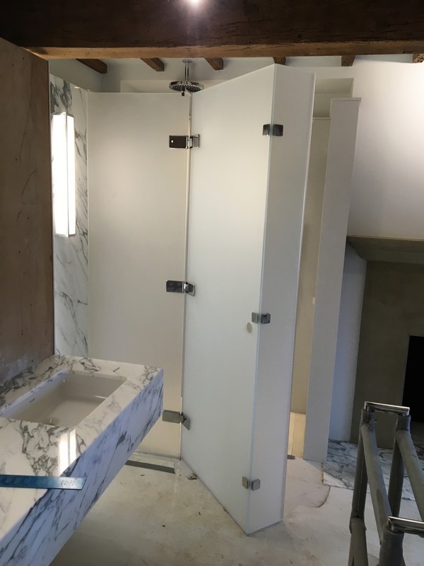 Bespoke frosted glass shower enclosure in Bermondsey luxury bathroom